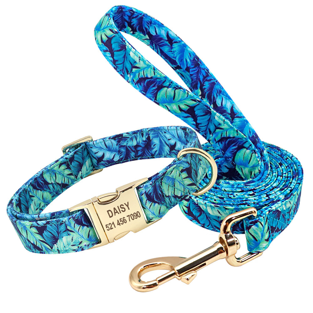 Set Collare e Guinzaglio in Nylon Resistente con Fantasia Floreale e Moschettone in Metallo – Azzurro e Rosa - Dog Moda