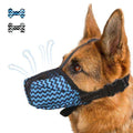 German Shepherd dog wearing breathable blue and black zigzag patterned muzzle with adjustable straps