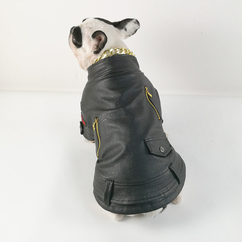 Giacca in Pelle per Bulldog - Stile Rock con Tasche e Zip - Dog Moda