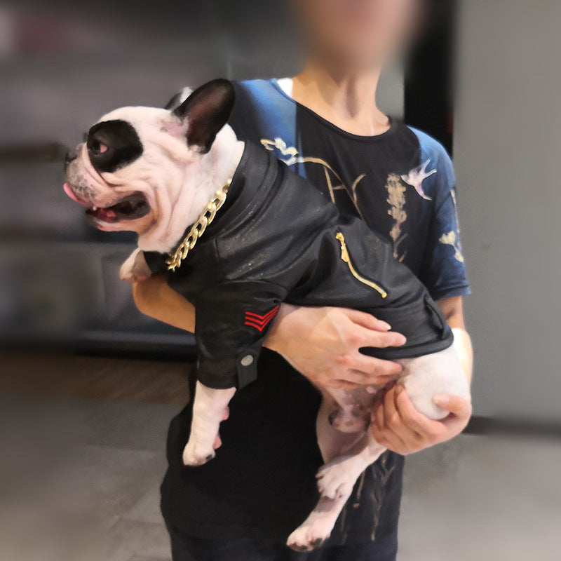 Giacca in Pelle per Bulldog - Stile Rock con Tasche e Zip - Dog Moda