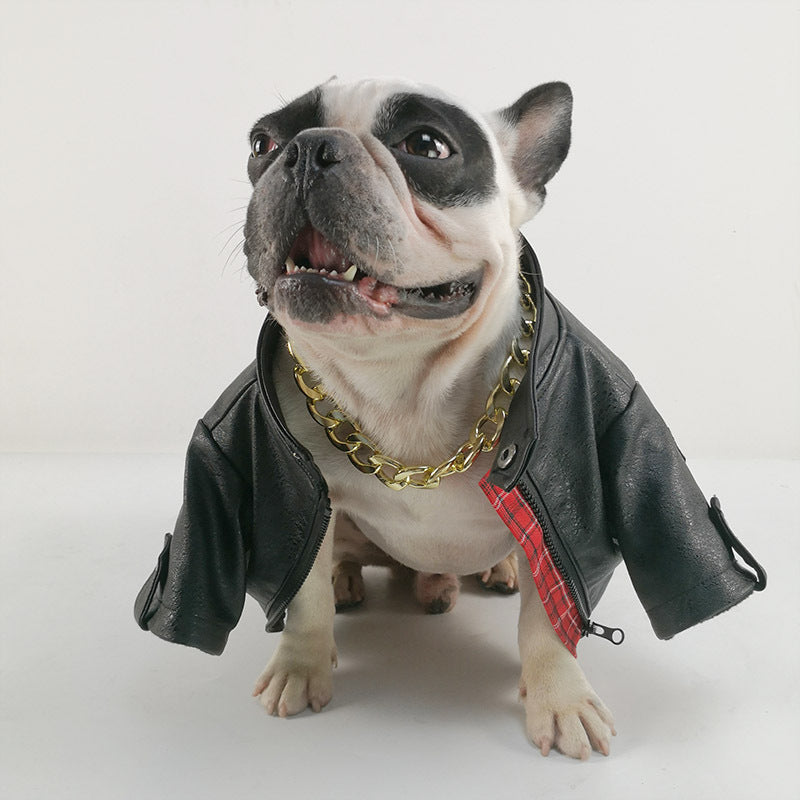 Giacca in Pelle per Bulldog - Stile Rock con Tasche e Zip - Dog Moda