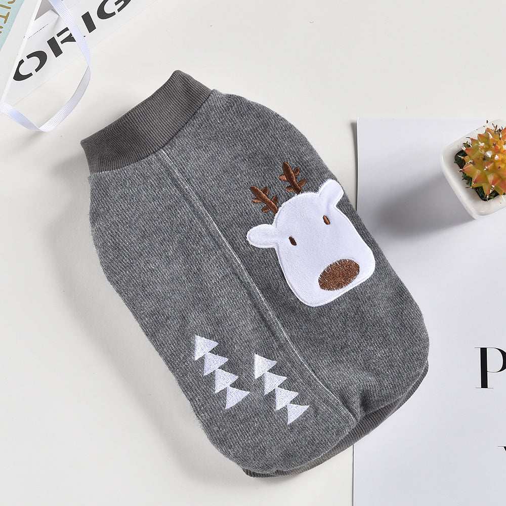 Reindeer and snowy tree print dog fleece sweater.
