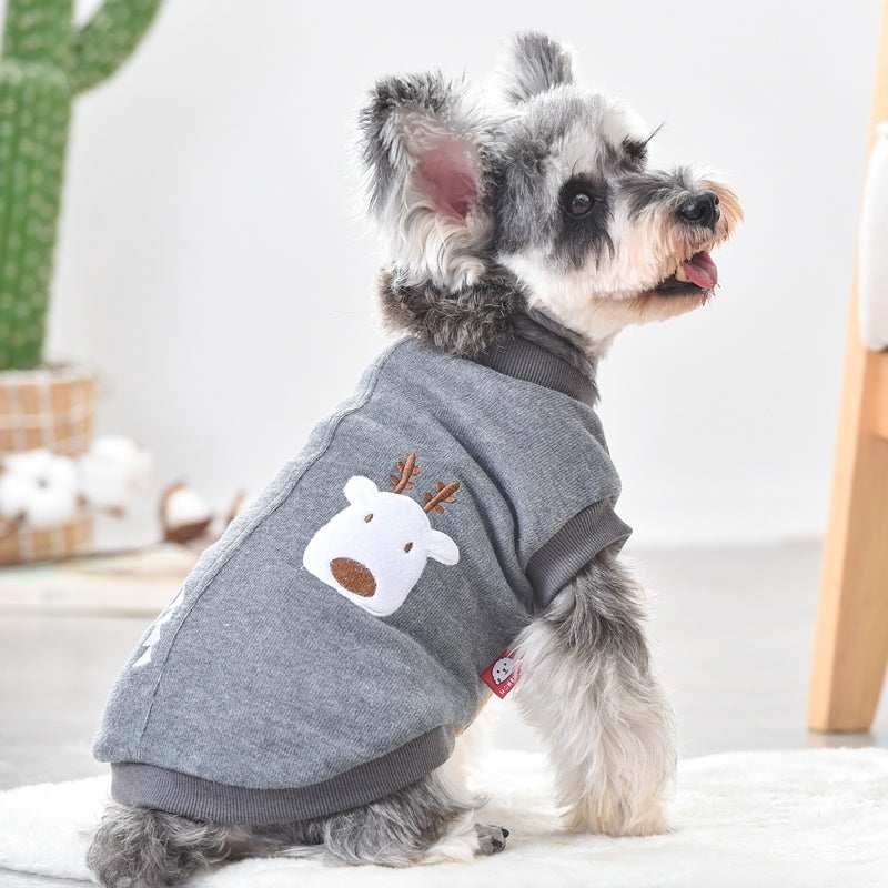 Reindeer and snowy tree print dog fleece sweater.