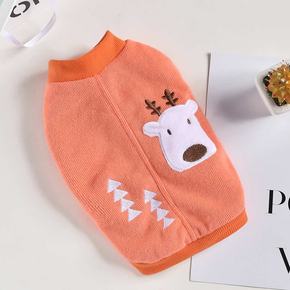 Reindeer and snowy tree print dog fleece sweater.