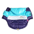 Colorful padded dog jacket with blue hood, white stripe, and navy body, Kids Store Club badge