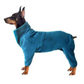 Doberman dog wearing a fitted blue fleece dog jumpsuit against white background