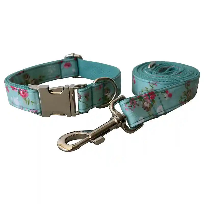 Set Collare e Guinzaglio Cani Spring - Azzurro Fiorellini by Dog Moda