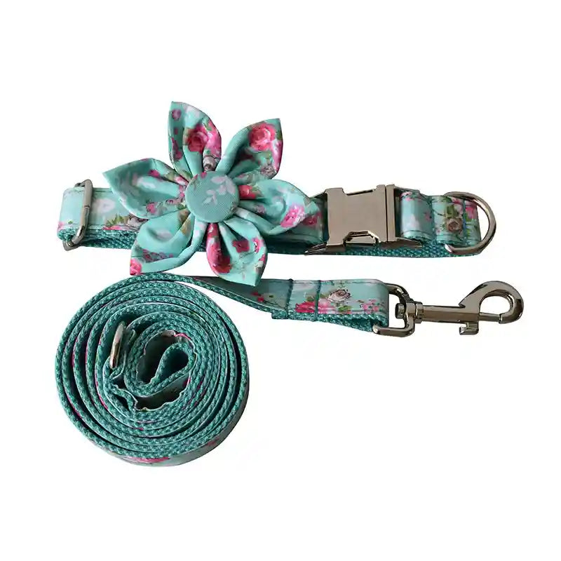 Set Collare e Guinzaglio Cani Spring - Azzurro Fiorellini by Dog Moda