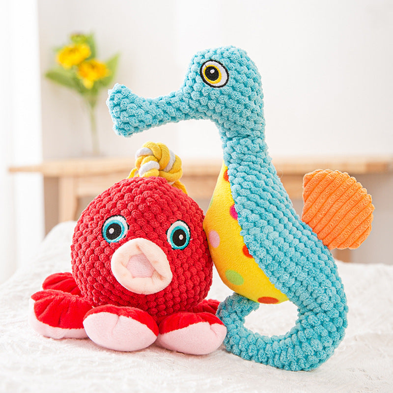 Durable Fabric Dog Sound Toy - Blue Seahorse and Red Octopus