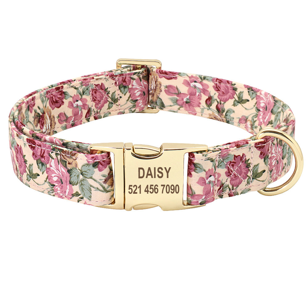 Strapazierfähiges Halsband- und Leinenset aus Nylon mit Blumenmuster und Metallkarabinerhaken – Blau und Pink