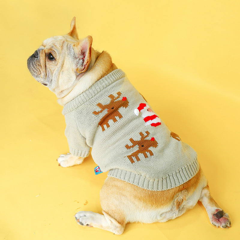 Christmas Reindeer Embroidered Bulldog Dog Sweater - Elegance and Warmth for Your Four-Legged Friend