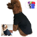 Curly brown dog and golden retriever wearing black dog polo shirts with color options shown