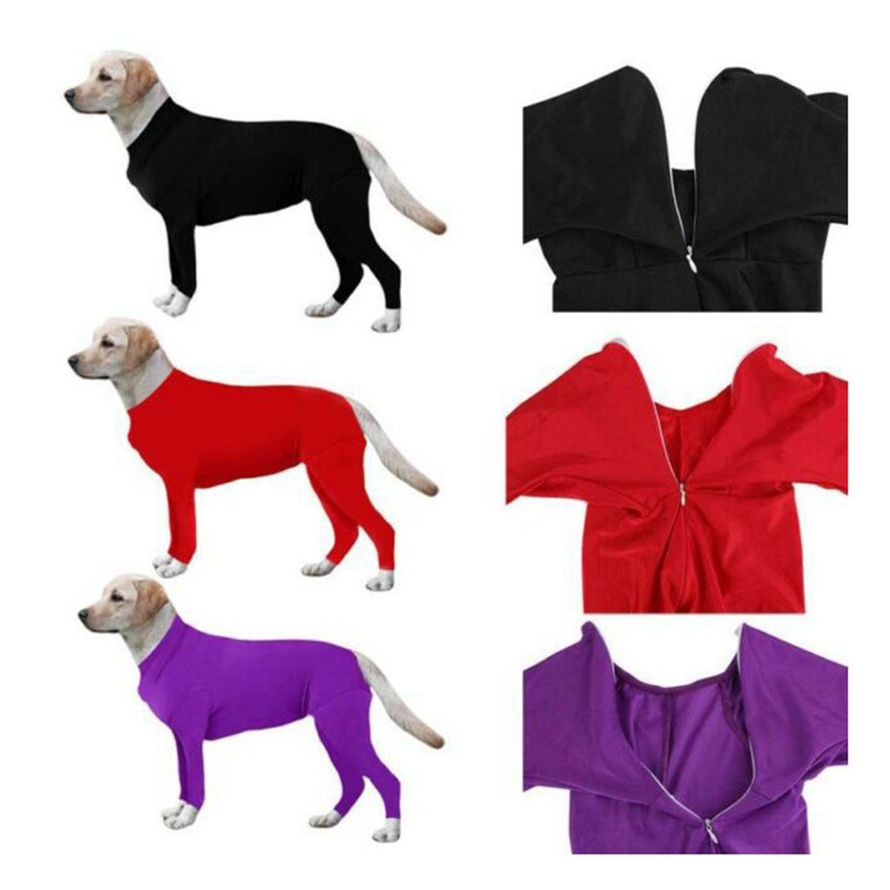 Dog jumpsuit for medium and large sized dogs with 4 legs and abdominal zip