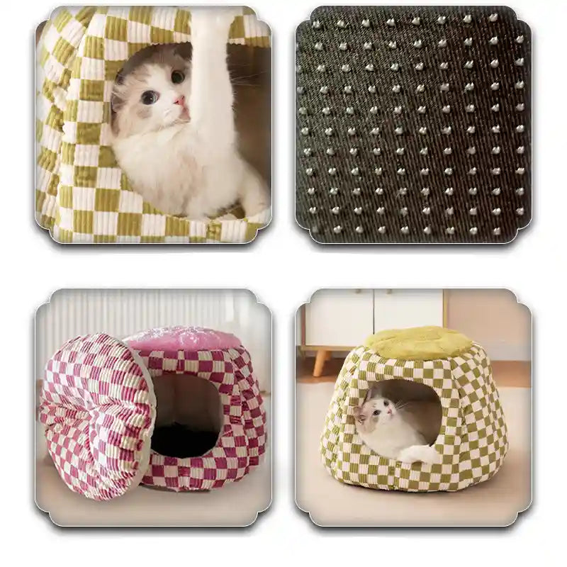 Igloo Cat House - Closed in Checkered Pattern with Cushion