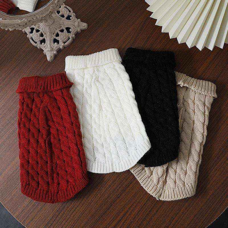 キャラメル編み込み犬用セーター - ノースリーブカラー付き