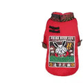 Red dog jacket with China Rich Life graphic and black decorative knots