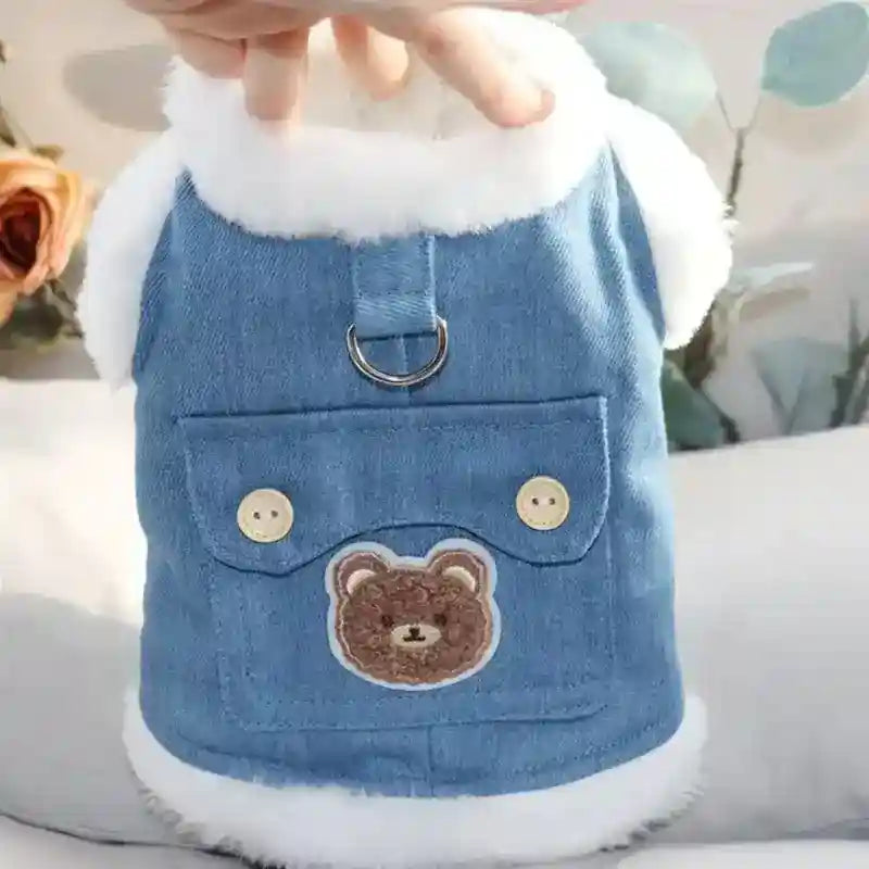 Gilet Pile Cani con Orsetto - Blu Jeans con Gancio Guinzaglio by Dog Moda