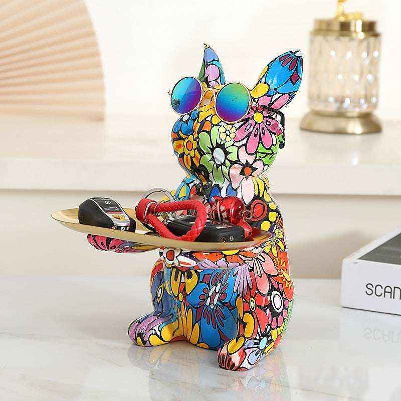 Statua Bulldog Francese in Ceramica con Piatto e Salvadanaio