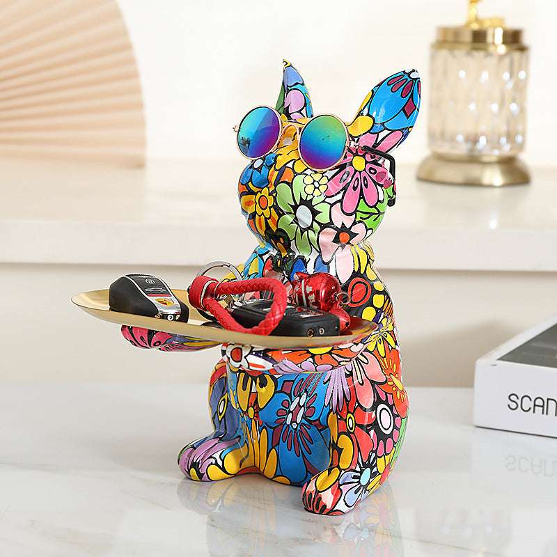 Statua Bulldog Francese in Ceramica con Piatto e Salvadanaio
