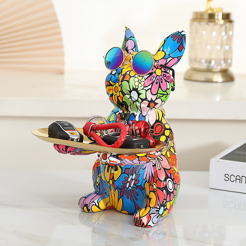 Statua Bulldog Francese in Ceramica con Piatto e Salvadanaio