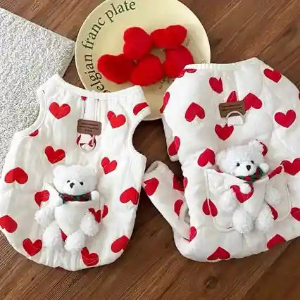 Red Hearts Sleeveless Dog Coat - White Vest