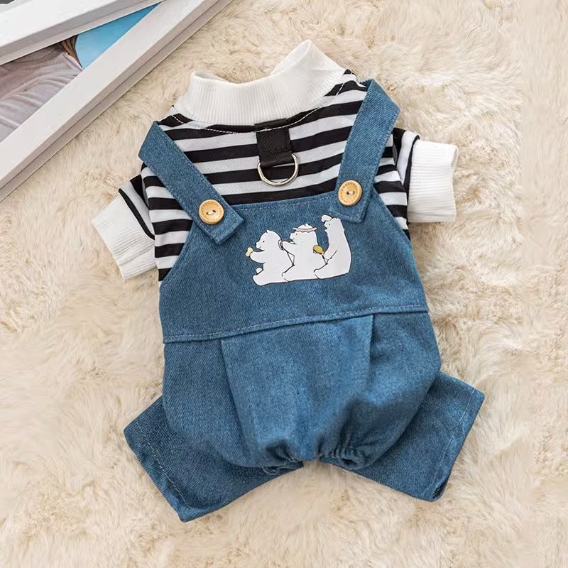 Salopette Jeans per Cani con Maglia a Righe - Tutina Cane