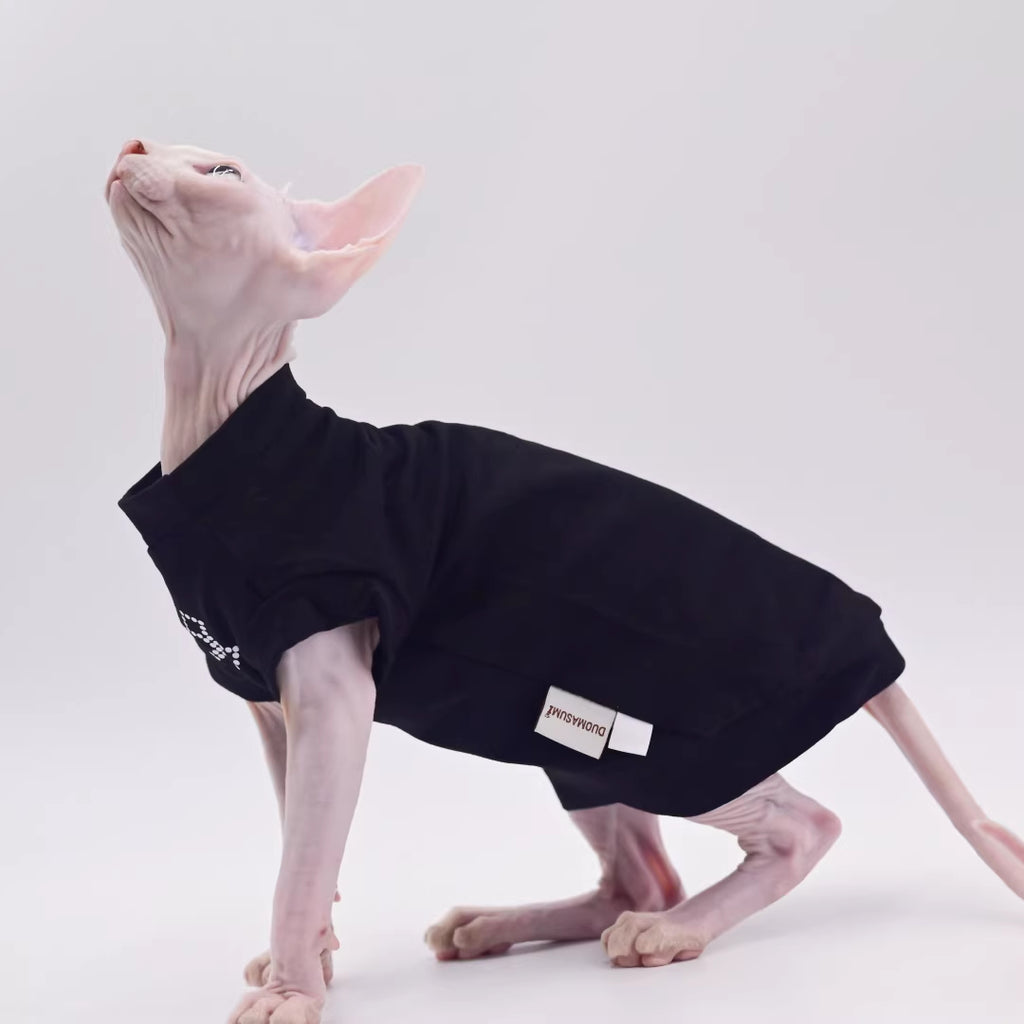 Maglia Gatto Sphynx Cotone Croce Strass Nera Elegante