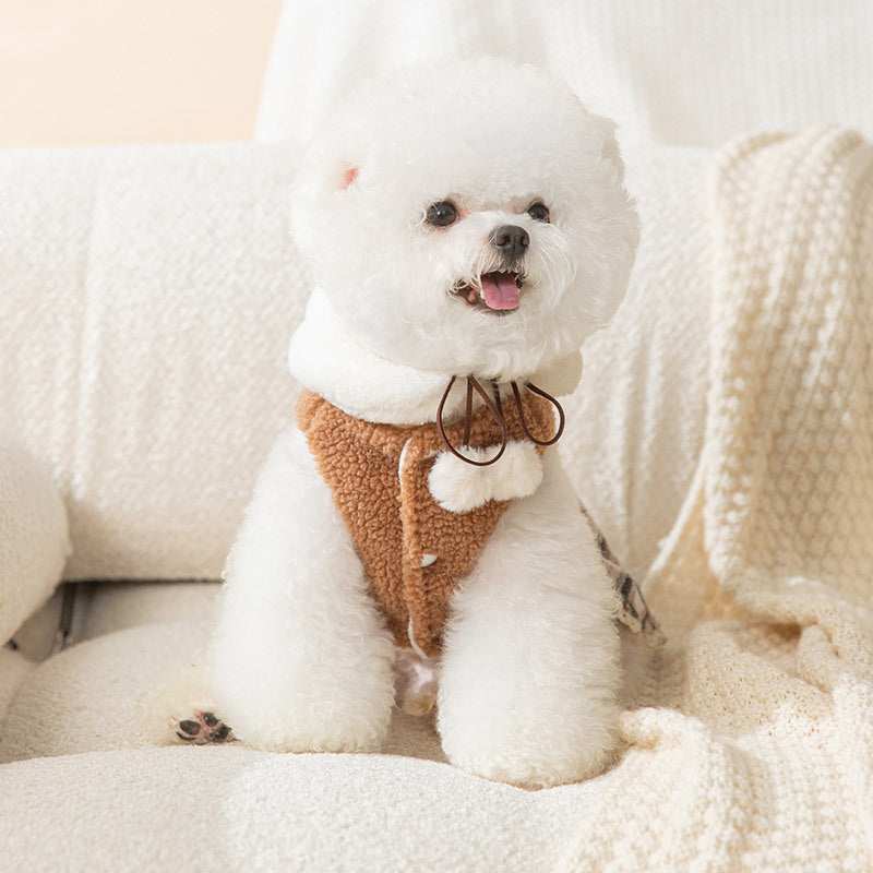Teddy Bear Fleece Dog Dress with Scarf and Bow - Warm and Comfortable 