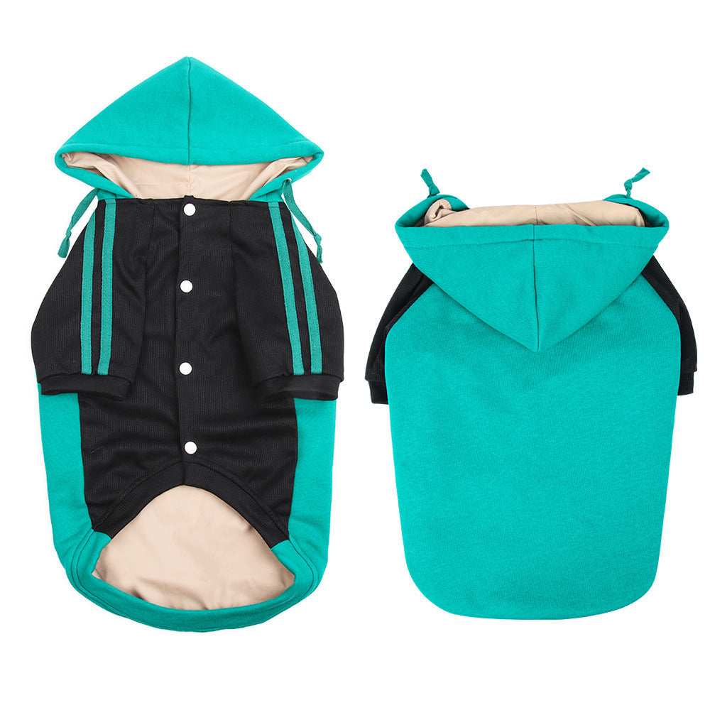 Felpa per cani "Tolosa" blu con cappuccio e strisce decorative.