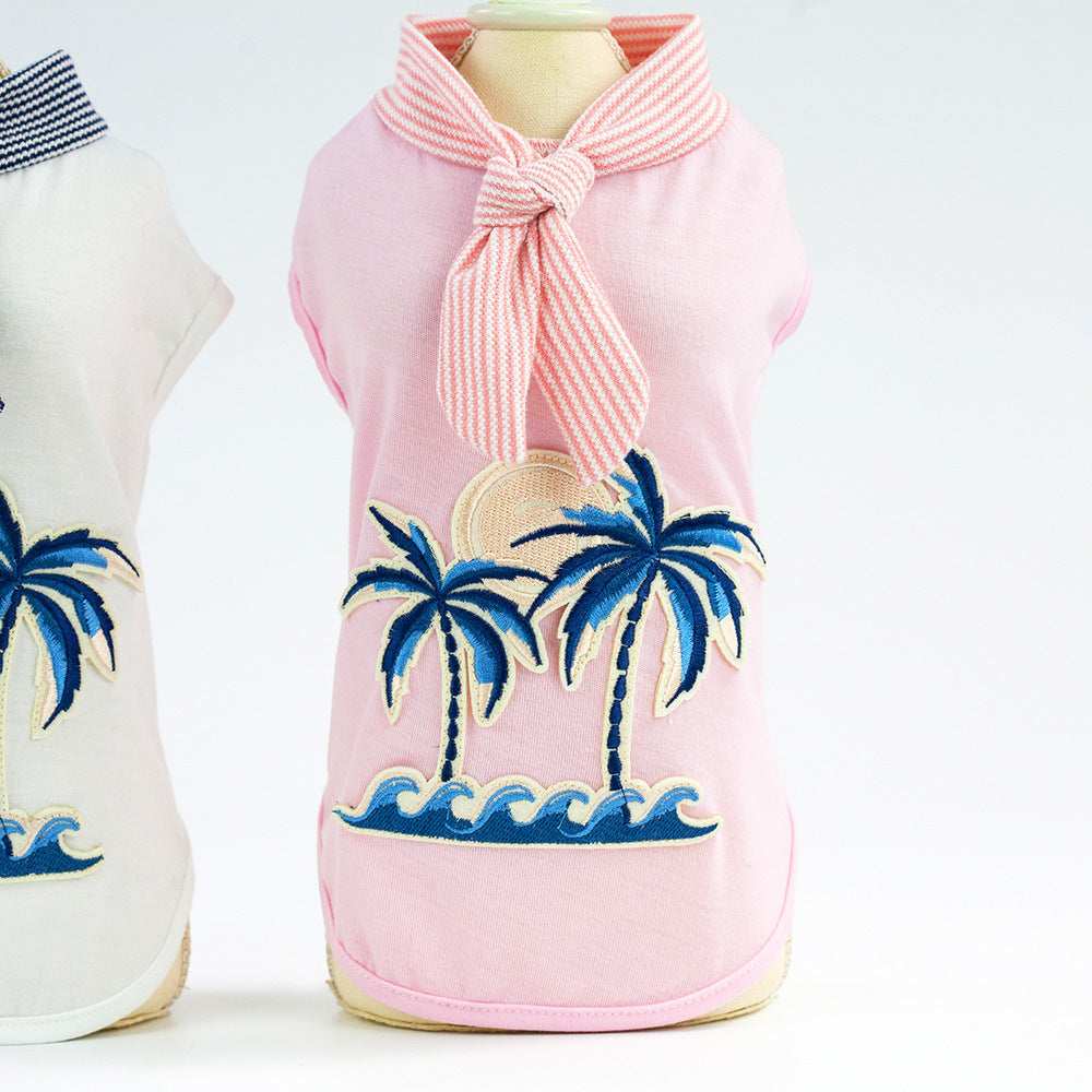"Honolulu" Cotton Dog T-Shirt with Palm Trees and Scarf Print
