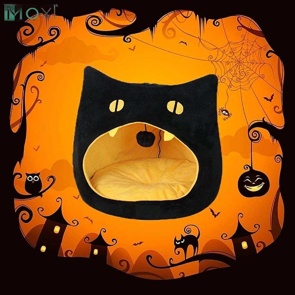 Cuccia per Gatti a Forma di Testa di Gatto Nero - Grotta Morbida per Halloween