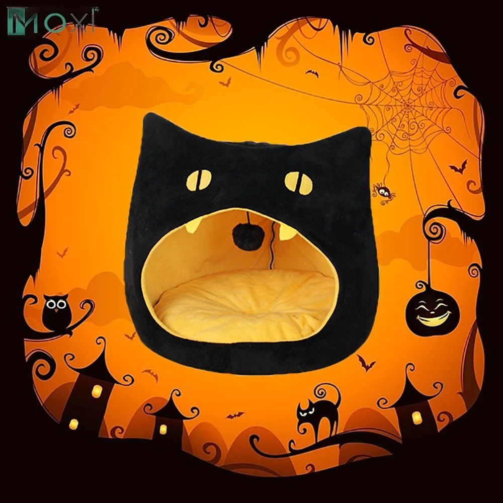 Schwarzes Katzenhaus in Form eines Katzenkopfes – weiche Höhle für Halloween