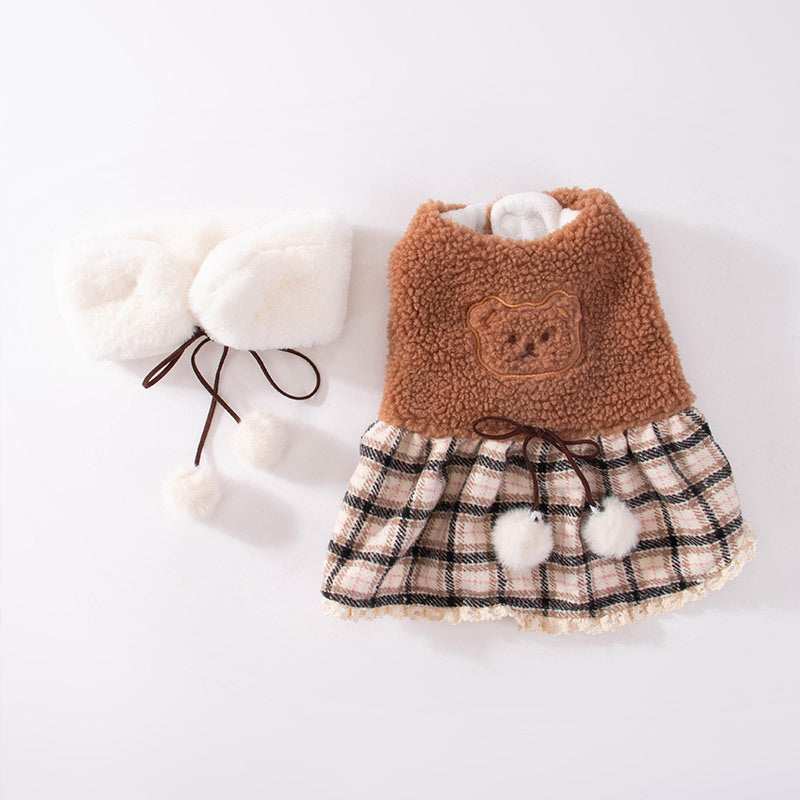 Teddy Bear Fleece Dog Dress with Scarf and Bow - Warm and Comfortable 