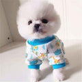 Cute white Pomeranian puppy wearing colorful animal-print dog pajamas on white surface