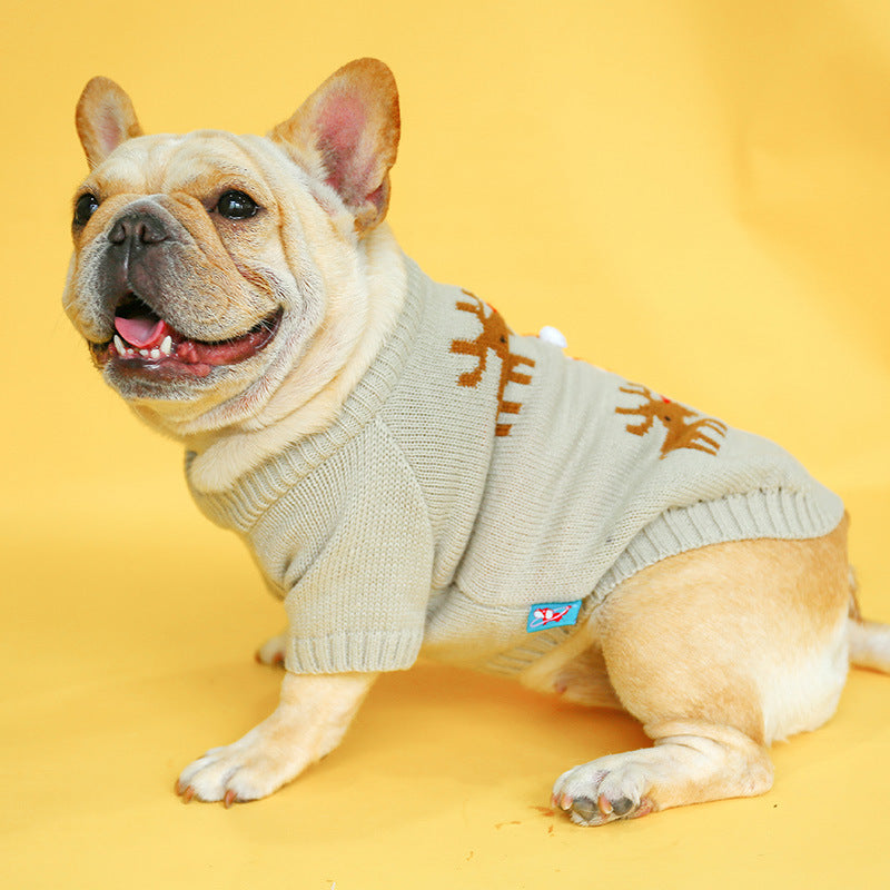 Christmas Reindeer Embroidered Bulldog Dog Sweater - Elegance and Warmth for Your Four-Legged Friend