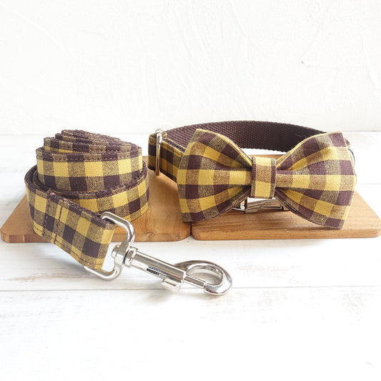 Set Guinzaglio Collare Papillon Quadri Giallo Marrone by Dog Moda