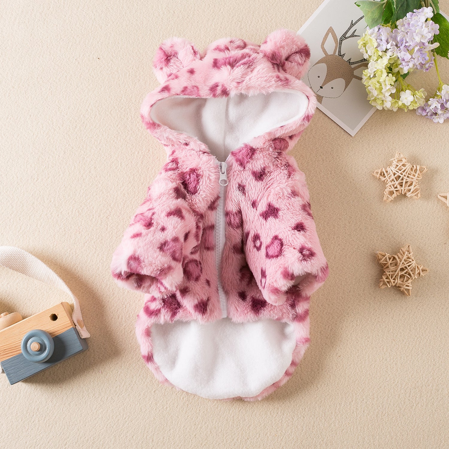 Leopard Fleece Coat for Poodle with Hood and Ears 