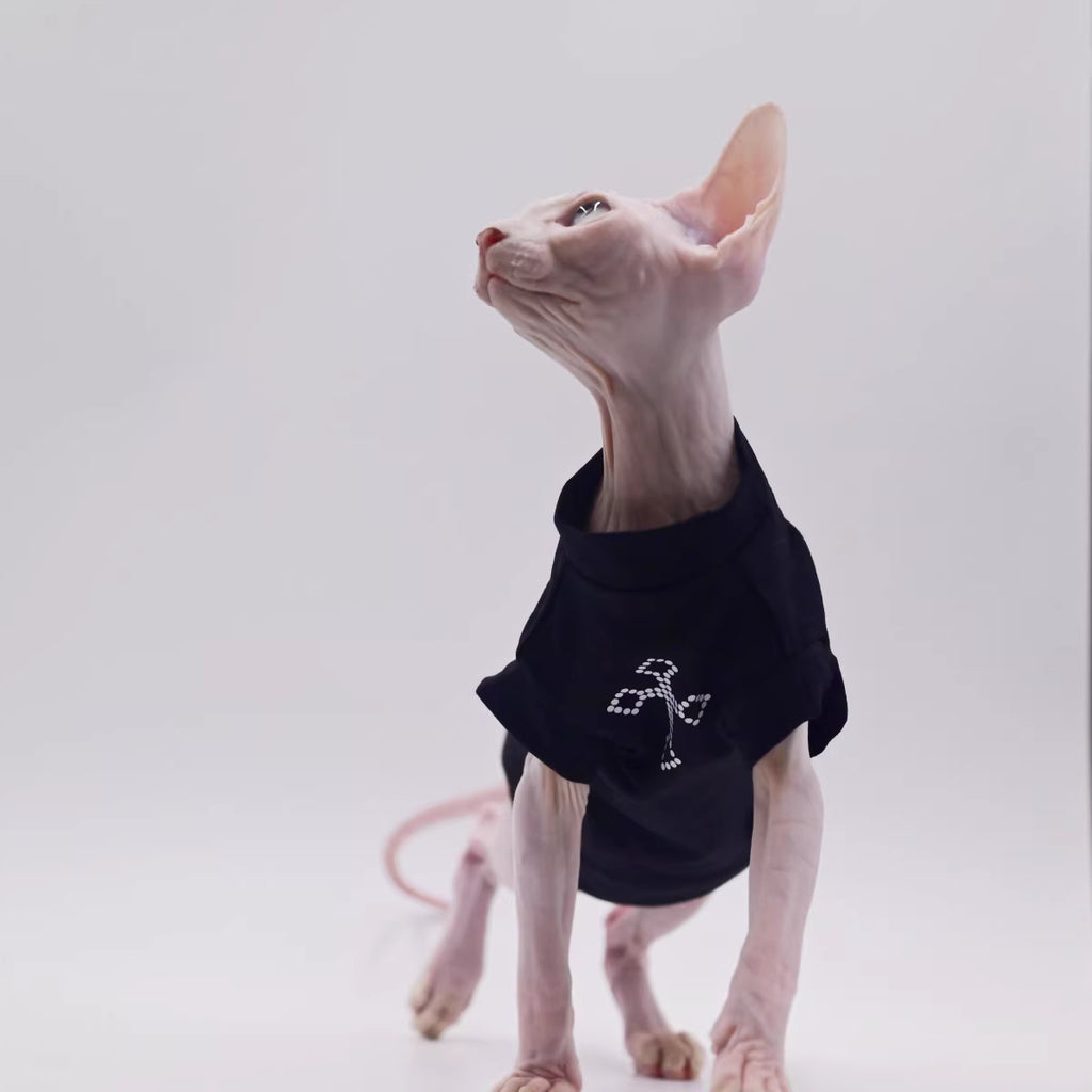 Maglia Gatto Sphynx Cotone Croce Strass Nera Elegante