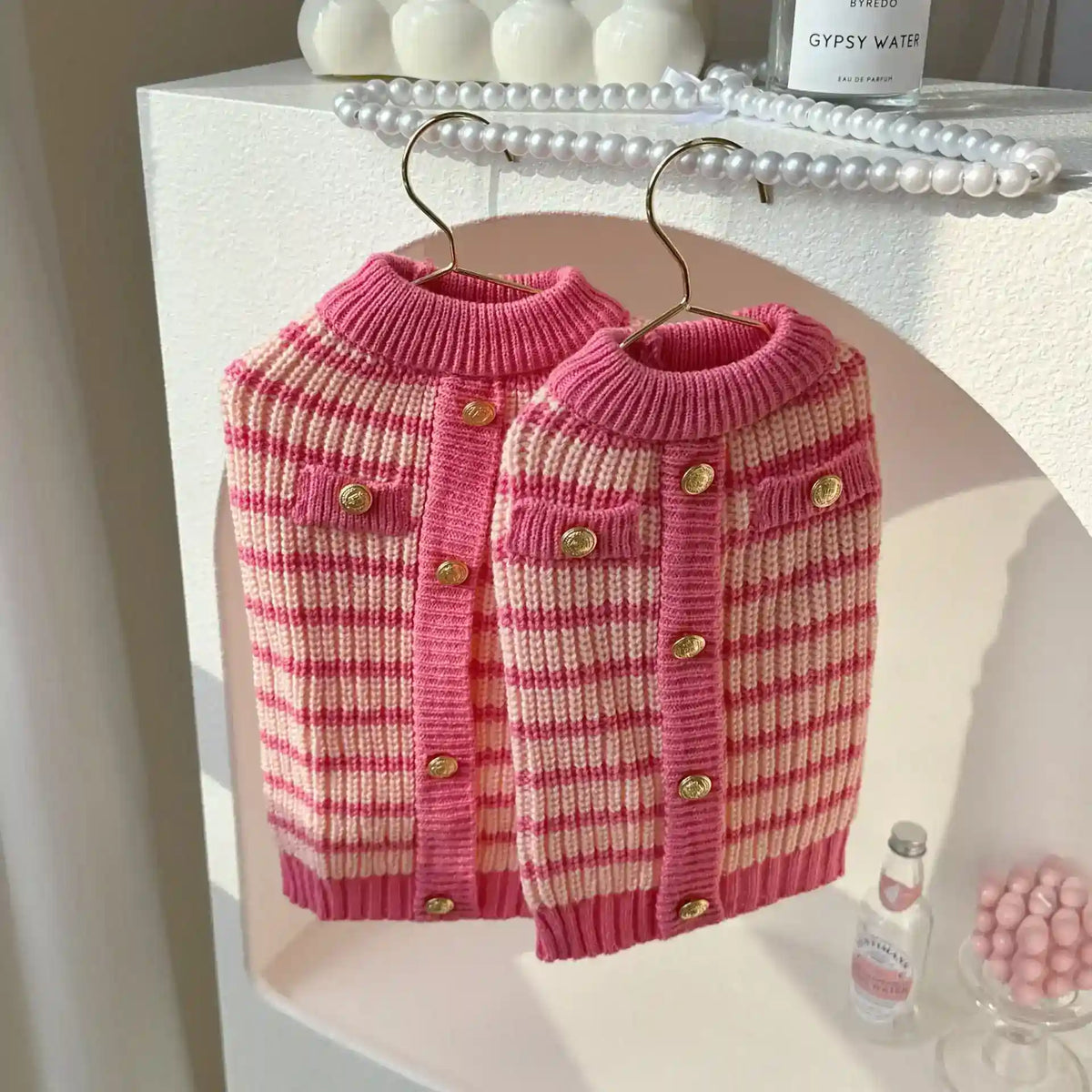 Maglioncino Cani a Righe Rosa con Bottoni Dorati by Dog Moda
