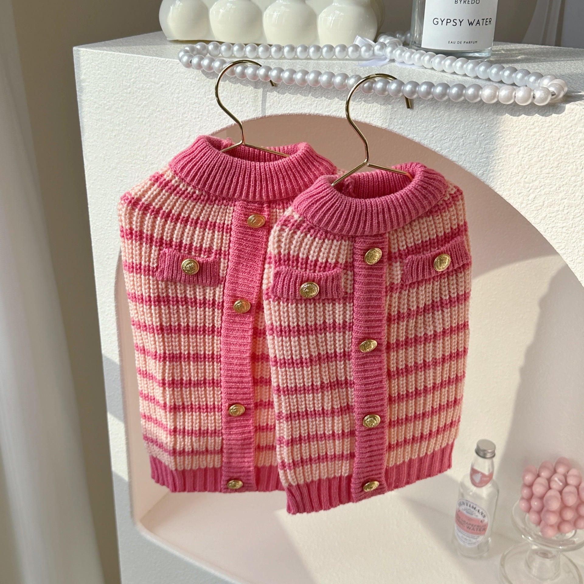 Pink Striped Dog Sweater with Gold Buttons