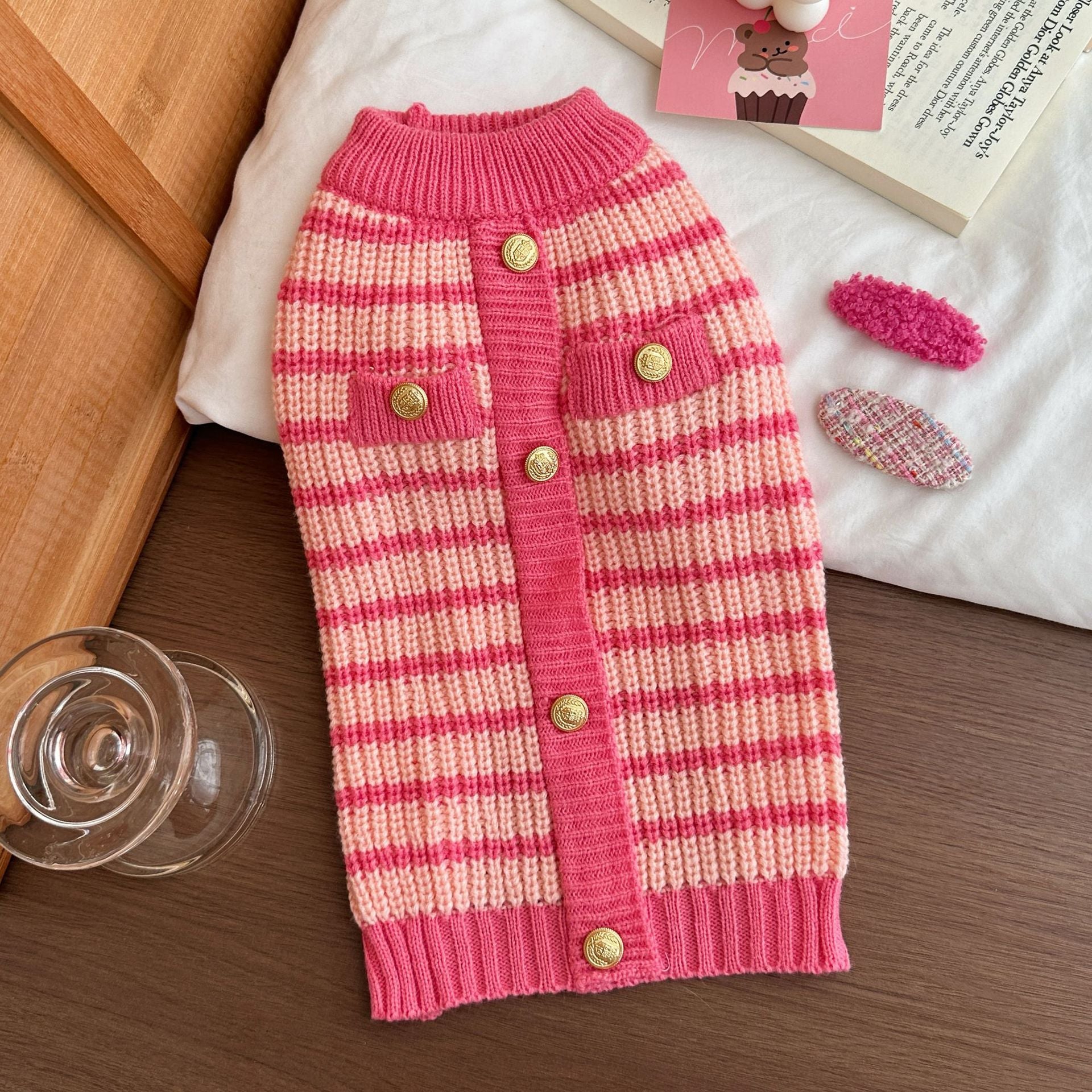Pink Striped Dog Sweater with Gold Buttons
