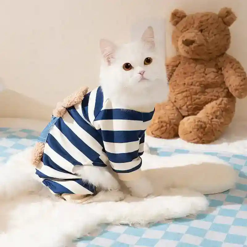 Tutina a Righe con Orsetto per Cani e Gatti - Blu/Marrone by Dog Moda