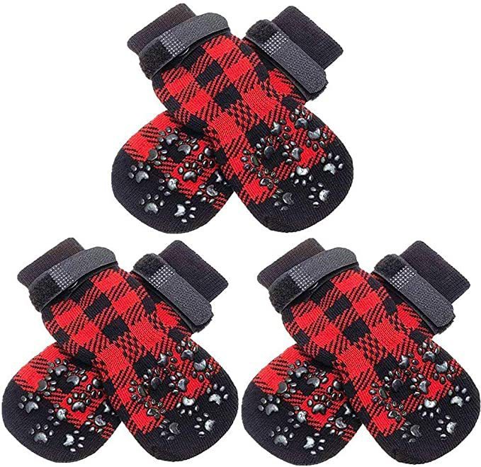 Red and Black Plaid Pattern Non-Slip Dog Socks