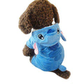 brown curly dog wearing blue plush Stitch-themed Halloween costume with ears and big eyes