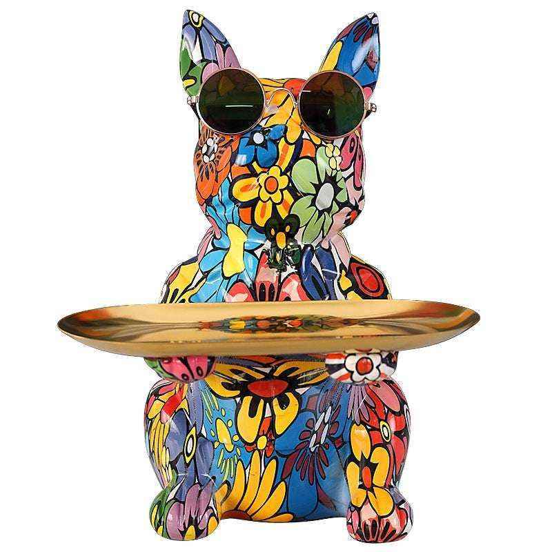 Statua Bulldog Francese in Ceramica con Piatto e Salvadanaio