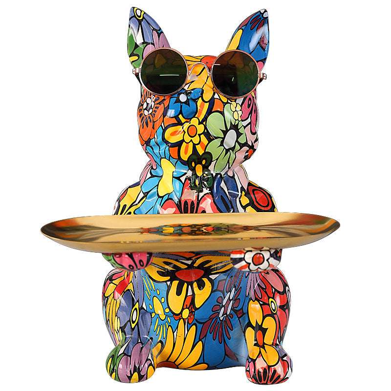 Statua Bulldog Francese in Ceramica con Piatto e Salvadanaio
