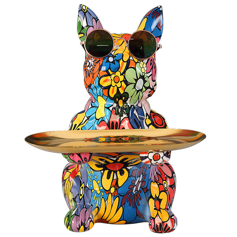 Statua Bulldog Francese in Ceramica con Piatto e Salvadanaio