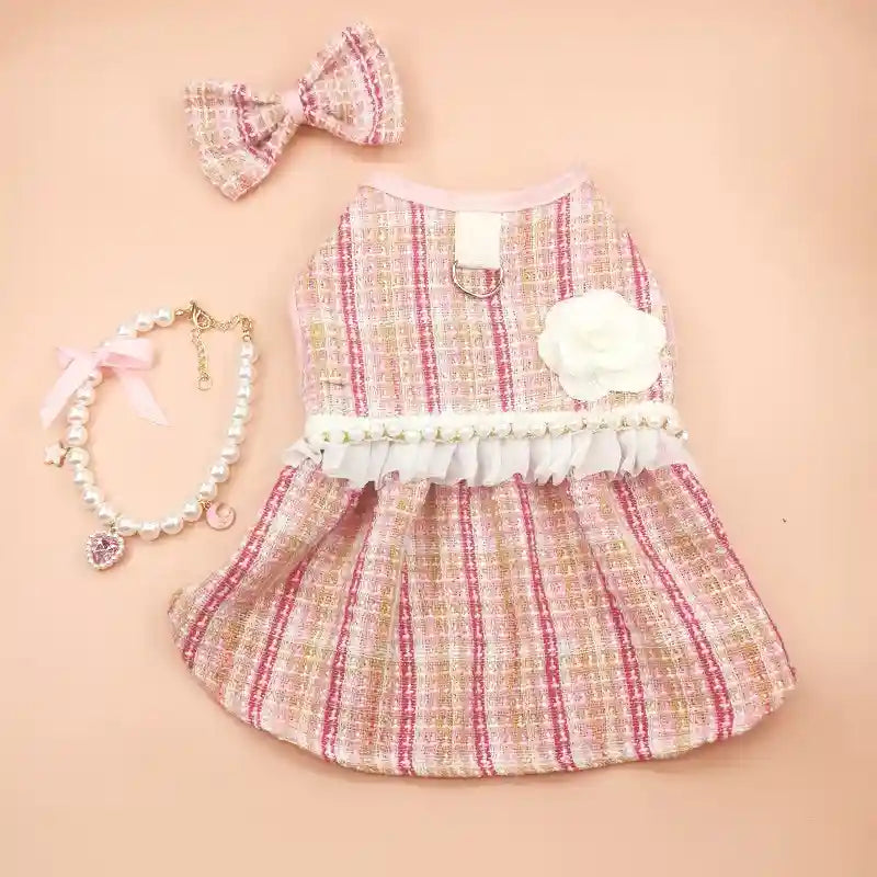 Vestito Gatti Fiocchetto Rosa - Abito Elegante Pettorina by Dog Moda