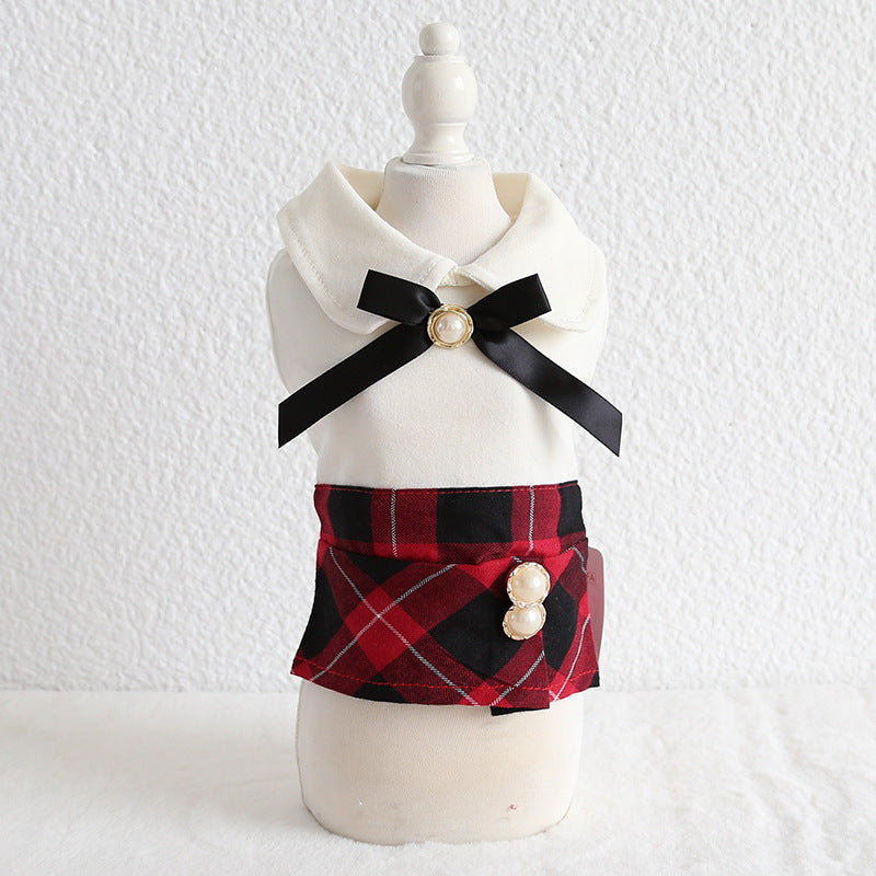 "Perla" dog dress with bow and tartan skirt | DogModa