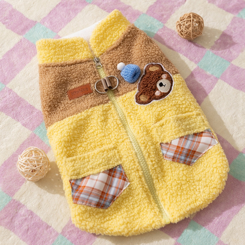 Cappotto Trapuntato Pile Cani con Orsetto Ricamato 3D